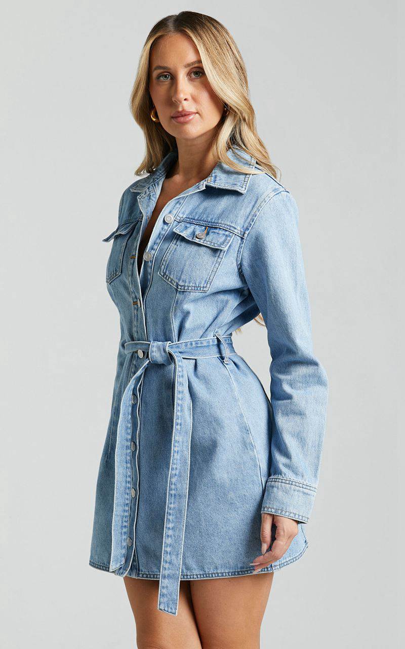 Showpo Enriquetta Mini Dress - Cotton Denim Long Sleeve Button Up Dress Mid Blue Wash | BJNGIV925