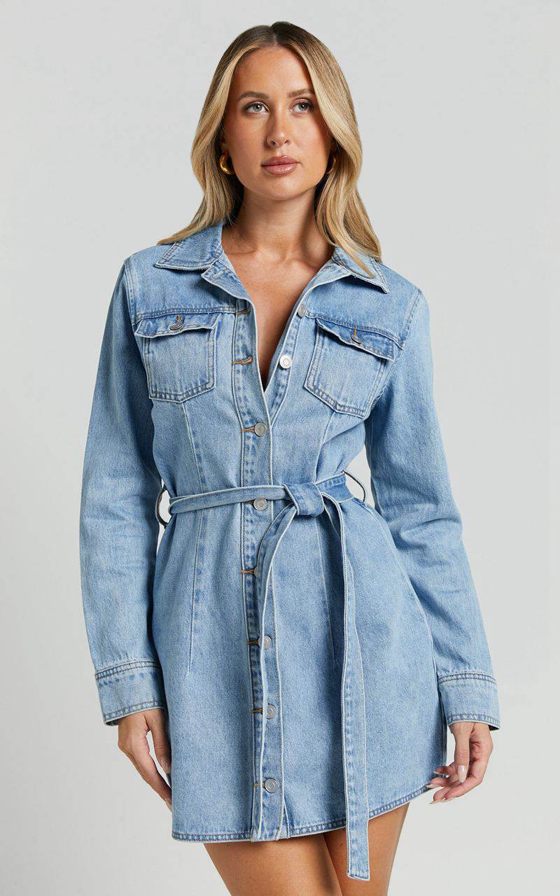 Showpo Enriquetta Mini Dress - Cotton Denim Long Sleeve Button Up Dress Mid Blue Wash | BJNGIV925