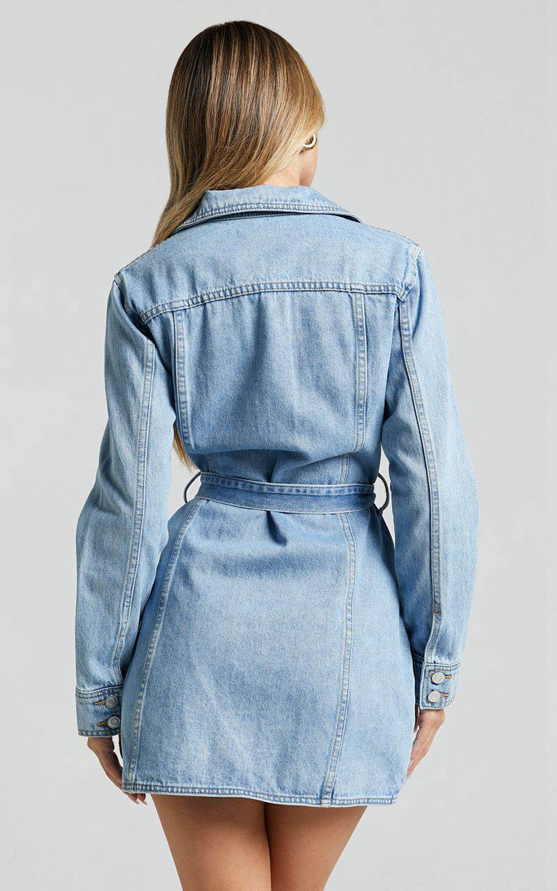 Showpo Enriquetta Mini Dress - Cotton Denim Long Sleeve Button Up Dress Mid Blue Wash | BJNGIV925