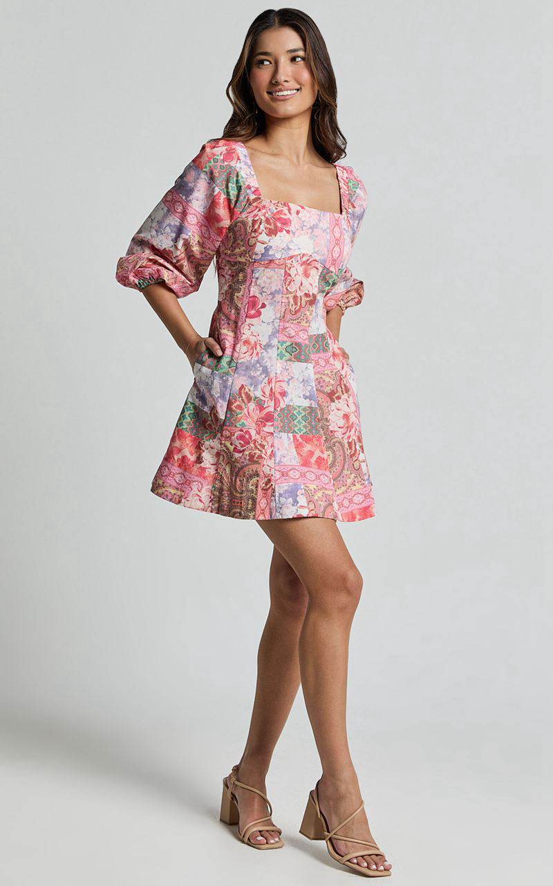 Showpo Enya Mini Dress - Puff Sleeve Empire Waist Dress Floral Mosaic Print | PUXSDY721