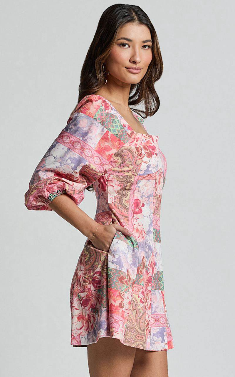 Showpo Enya Mini Dress - Puff Sleeve Empire Waist Dress Floral Mosaic Print | PUXSDY721