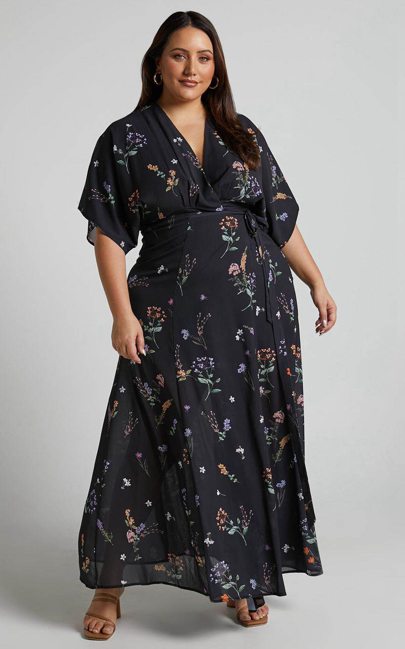 Showpo Erenza Maxi Dress - Extended Sleeve Wrap Dress Black Flower Field | BFOJWI192