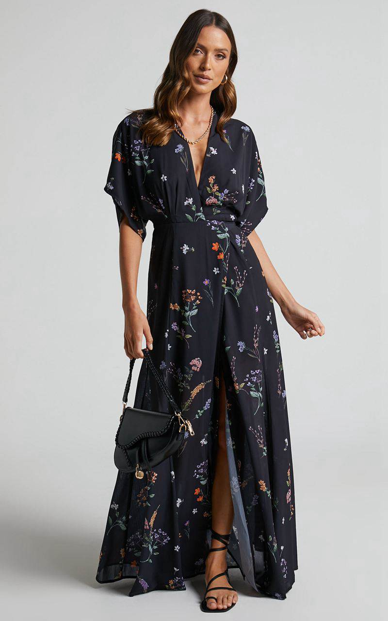 Showpo Erenza Maxi Dress - Extended Sleeve Wrap Dress Black Flower Field | BFOJWI192