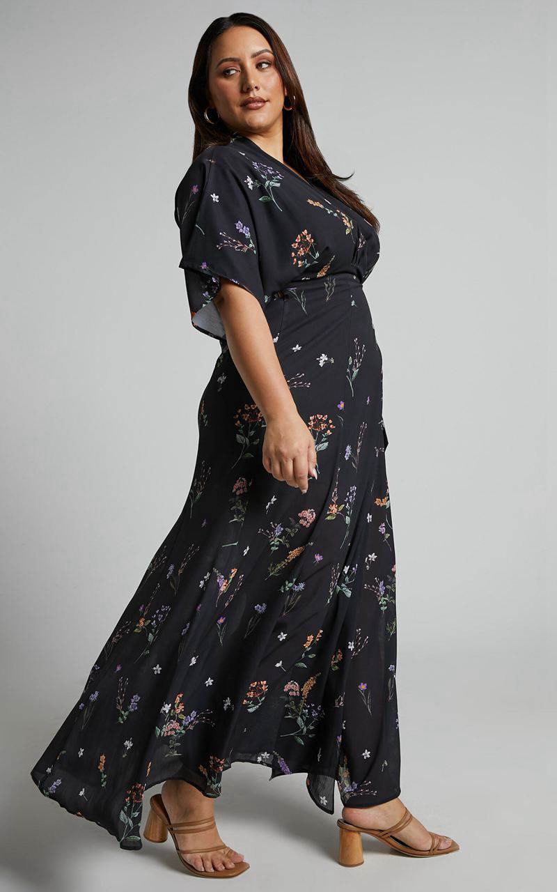 Showpo Erenza Maxi Dress - Extended Sleeve Wrap Dress Black Flower Field | BFOJWI192