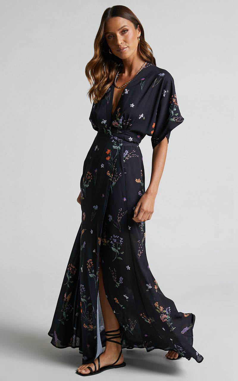 Showpo Erenza Maxi Dress - Extended Sleeve Wrap Dress Black Flower Field | BFOJWI192