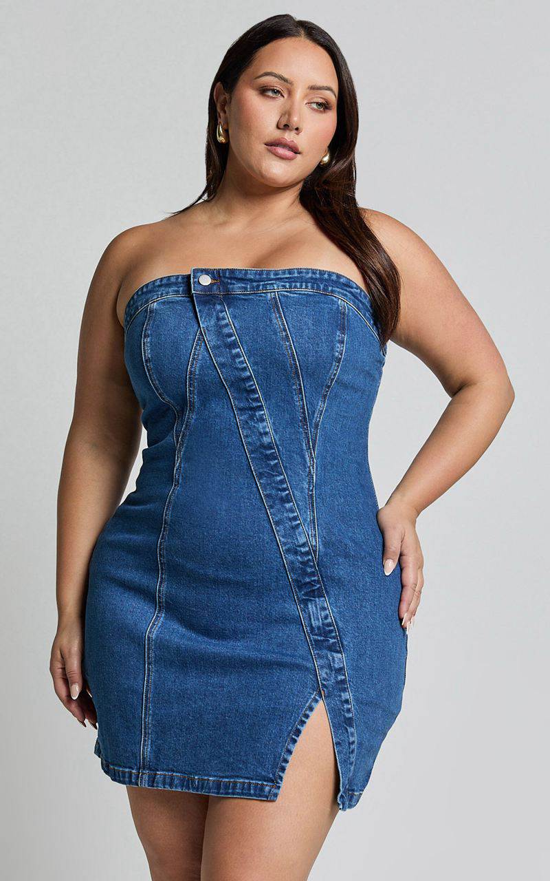 Showpo Erline Mini Dress - Asymmetric Strapless Denim Dress Dark Blue Wash | YOGLMV259