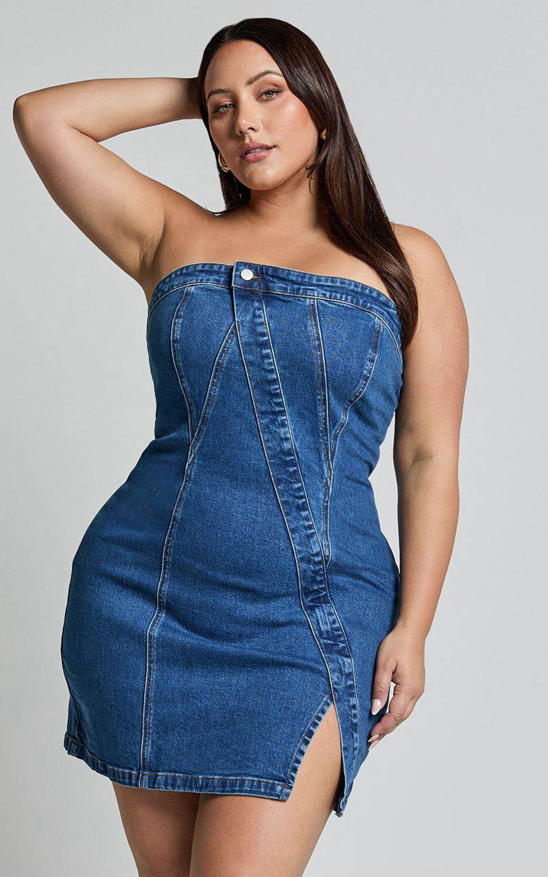 Showpo Erline Mini Dress - Asymmetric Strapless Denim Dress Dark Blue Wash | YOGLMV259