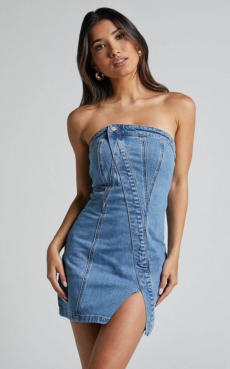 Showpo Erline Mini Dress - Asymmetric Strapless Denim Dress Blue Wash | GJZQAT974