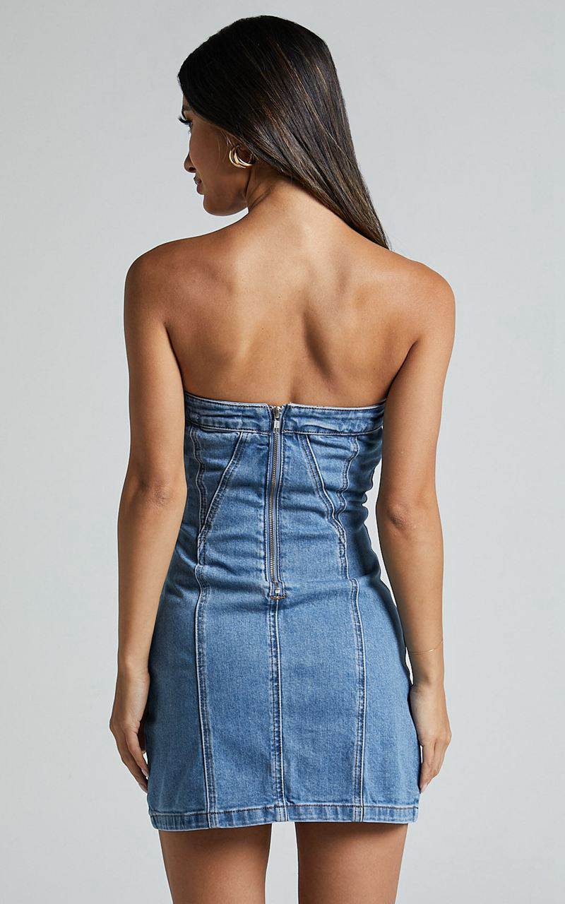 Showpo Erline Mini Dress - Asymmetric Strapless Denim Dress Blue Wash | GJZQAT974