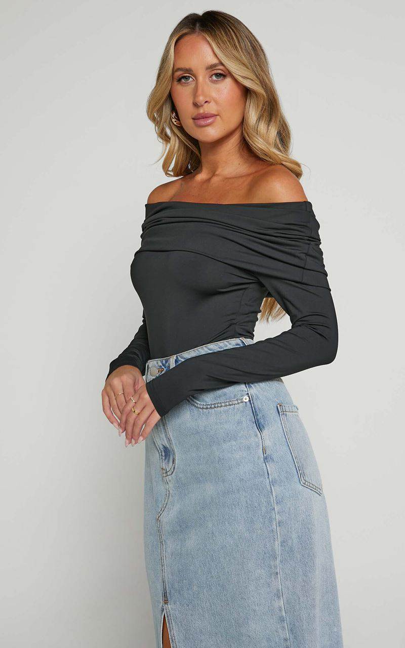 Showpo Ermalen Bodysuit - Folded Off Shoulder Long Sleeve Bodysuit Black | YHDFIA782