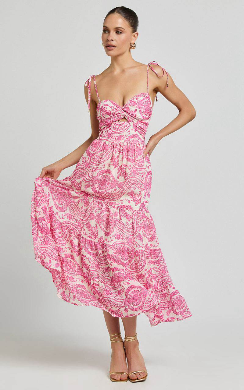 Showpo Esmeralda Midi Dress - Strappy Cut Out Tiered Dress Pink Floral | NMRYCG827