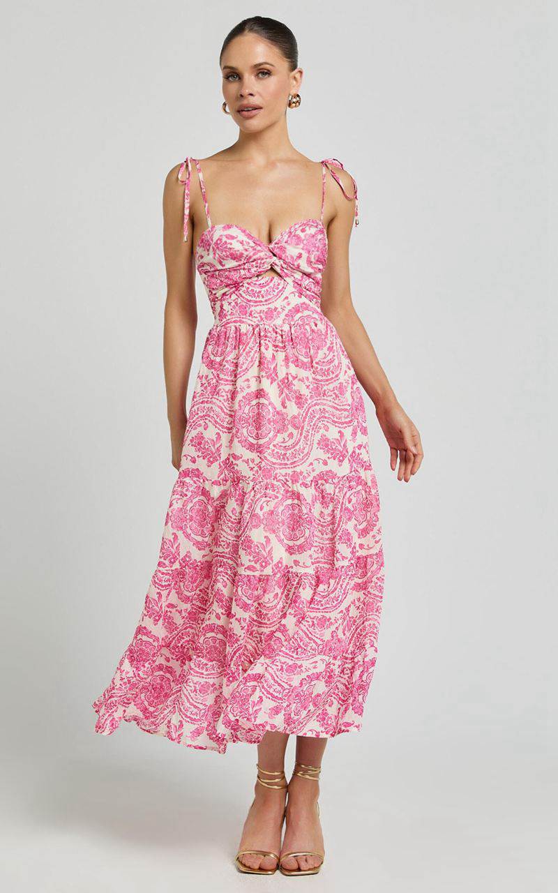 Showpo Esmeralda Midi Dress - Strappy Cut Out Tiered Dress Pink Floral | NMRYCG827