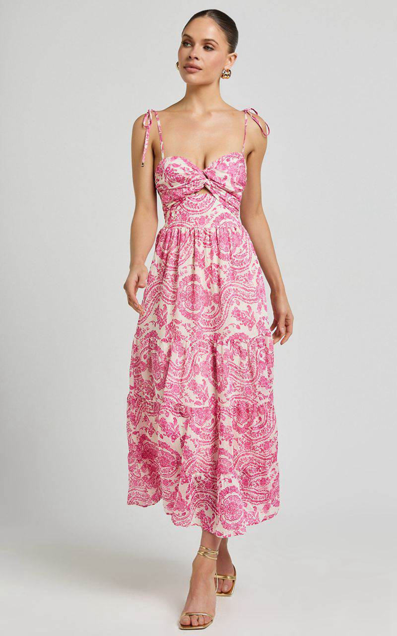 Showpo Esmeralda Midi Dress - Strappy Cut Out Tiered Dress Pink Floral | NMRYCG827