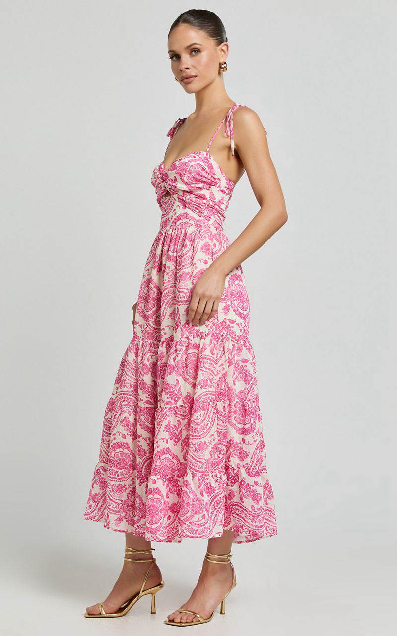 Showpo Esmeralda Midi Dress - Strappy Cut Out Tiered Dress Pink Floral | NMRYCG827