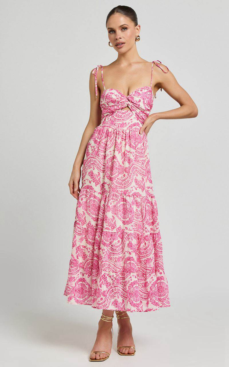 Showpo Esmeralda Midi Dress - Strappy Cut Out Tiered Dress Pink Floral | NMRYCG827