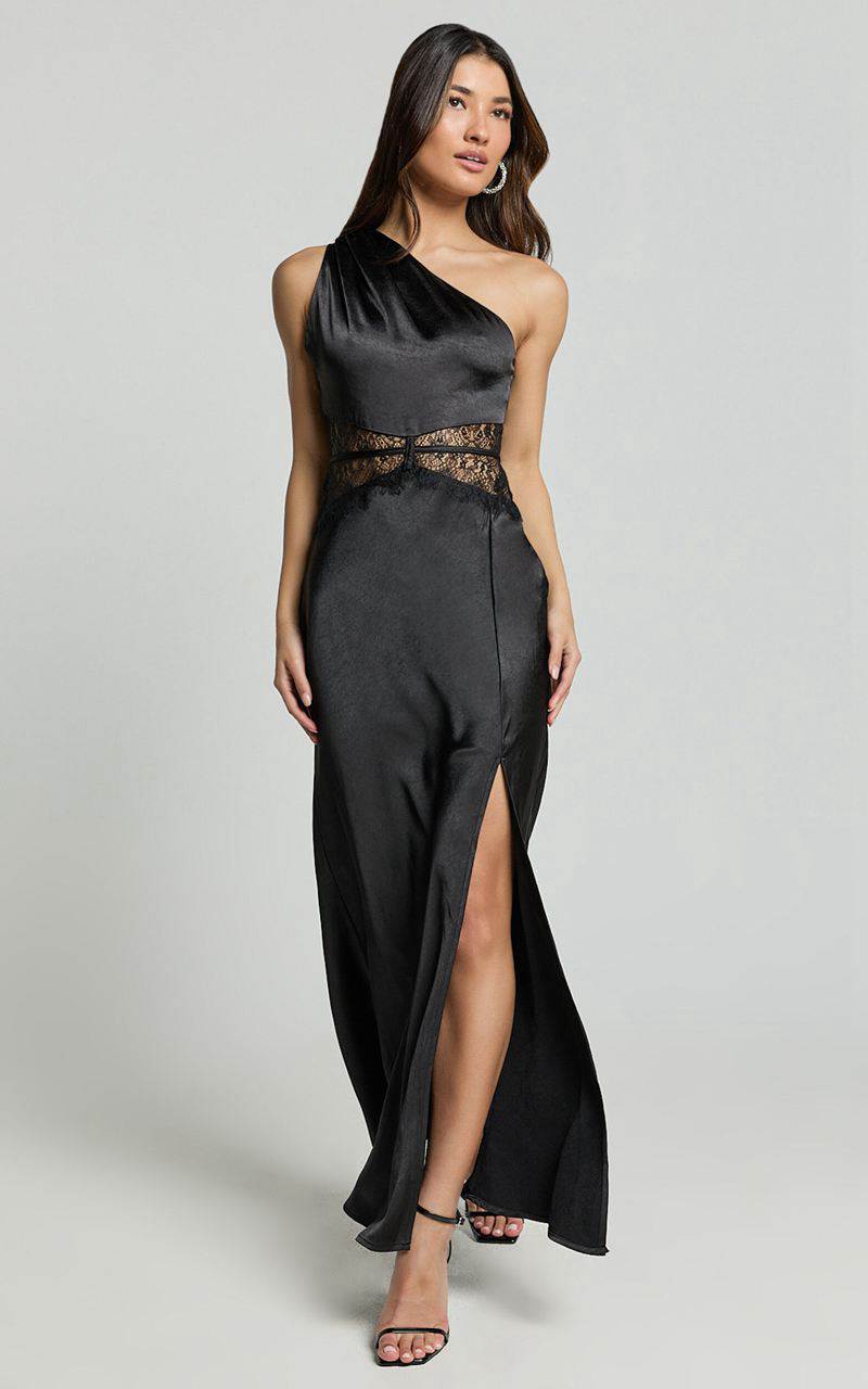 Showpo Estella Midi Dress - Asymmetrical Lace Detail Waist Slip Dress Black | QPMBCT905