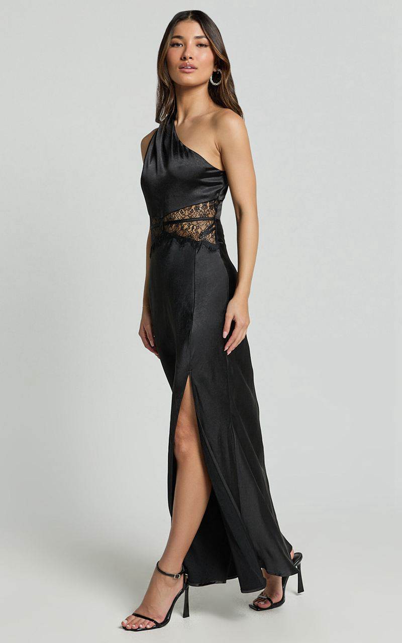 Showpo Estella Midi Dress - Asymmetrical Lace Detail Waist Slip Dress Black | QPMBCT905