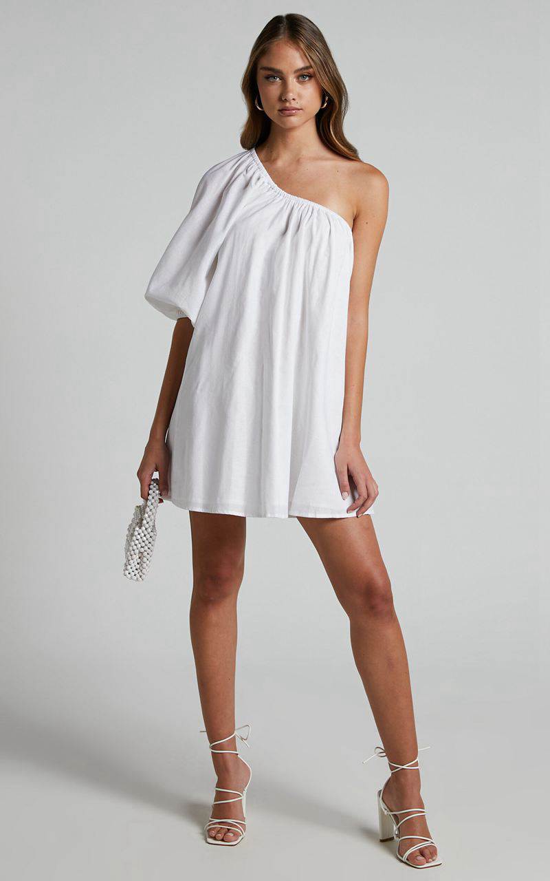 Showpo Estella Mini Dress - One Shoulder Puff Sleeve Shift Dress White | XOYIZE120