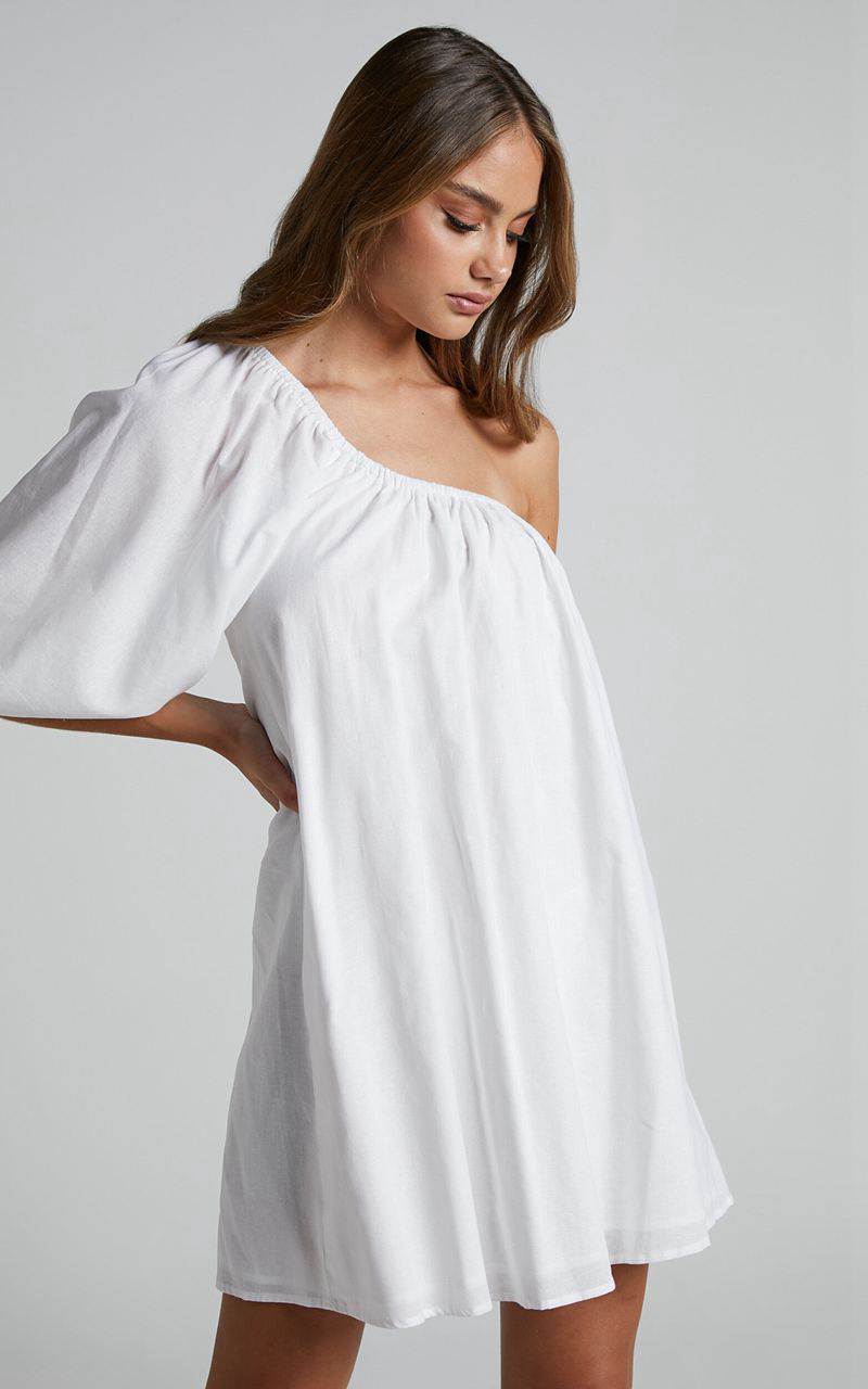 Showpo Estella Mini Dress - One Shoulder Puff Sleeve Shift Dress White | XOYIZE120