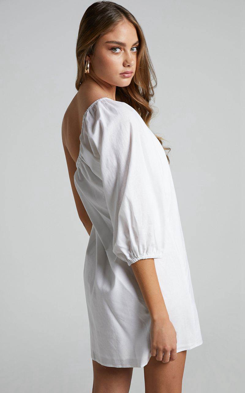 Showpo Estella Mini Dress - One Shoulder Puff Sleeve Shift Dress White | XOYIZE120