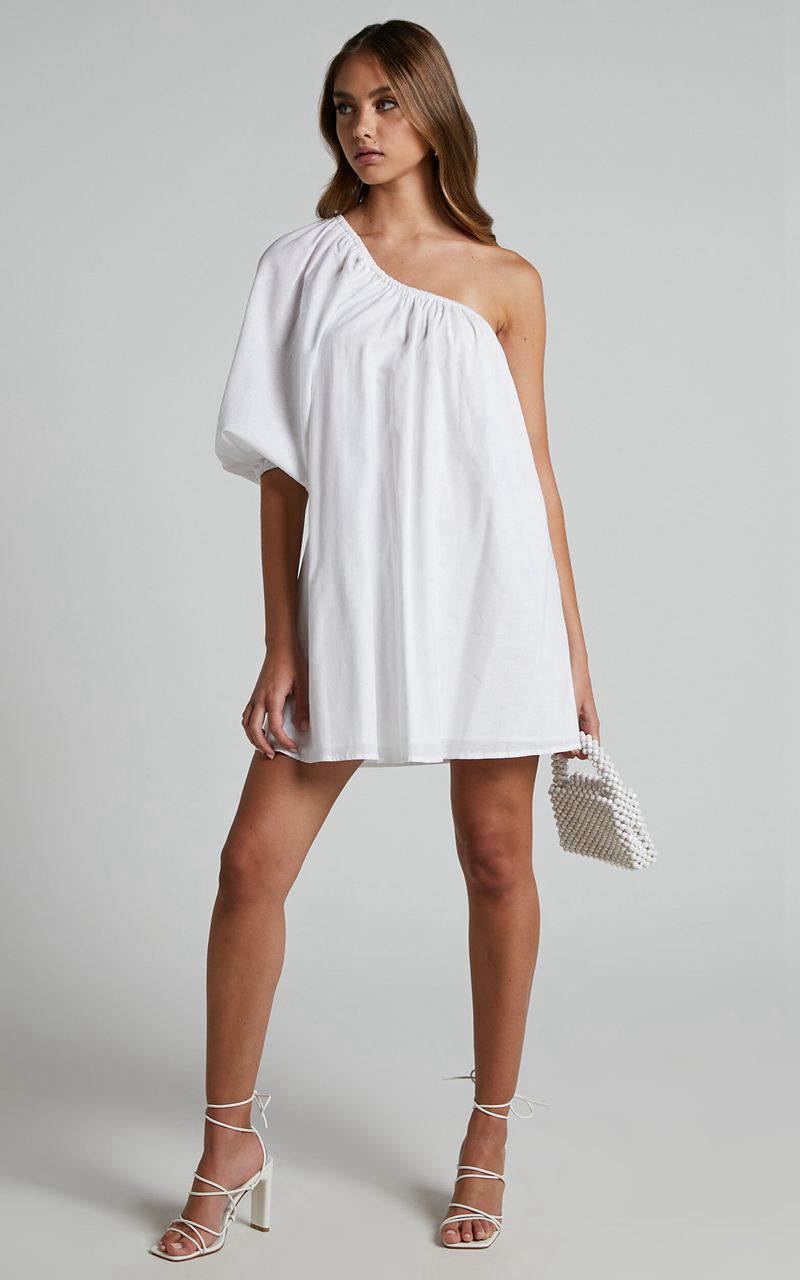 Showpo Estella Mini Dress - One Shoulder Puff Sleeve Shift Dress White | XOYIZE120