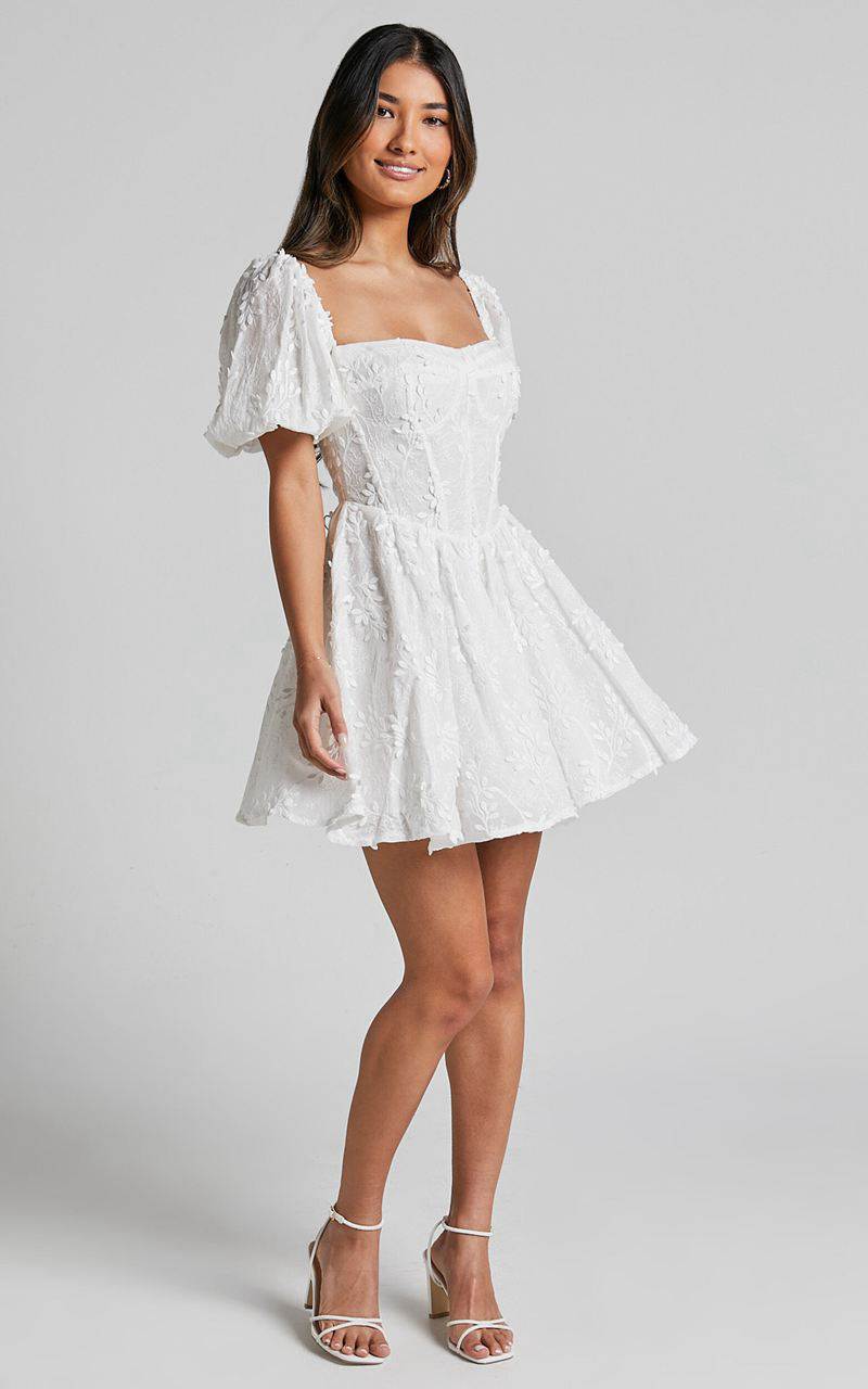 Showpo Esthela Mini Dress - Embroidered Square Neck Short Puff Sleeve Corset White Floral | KUAMFT065