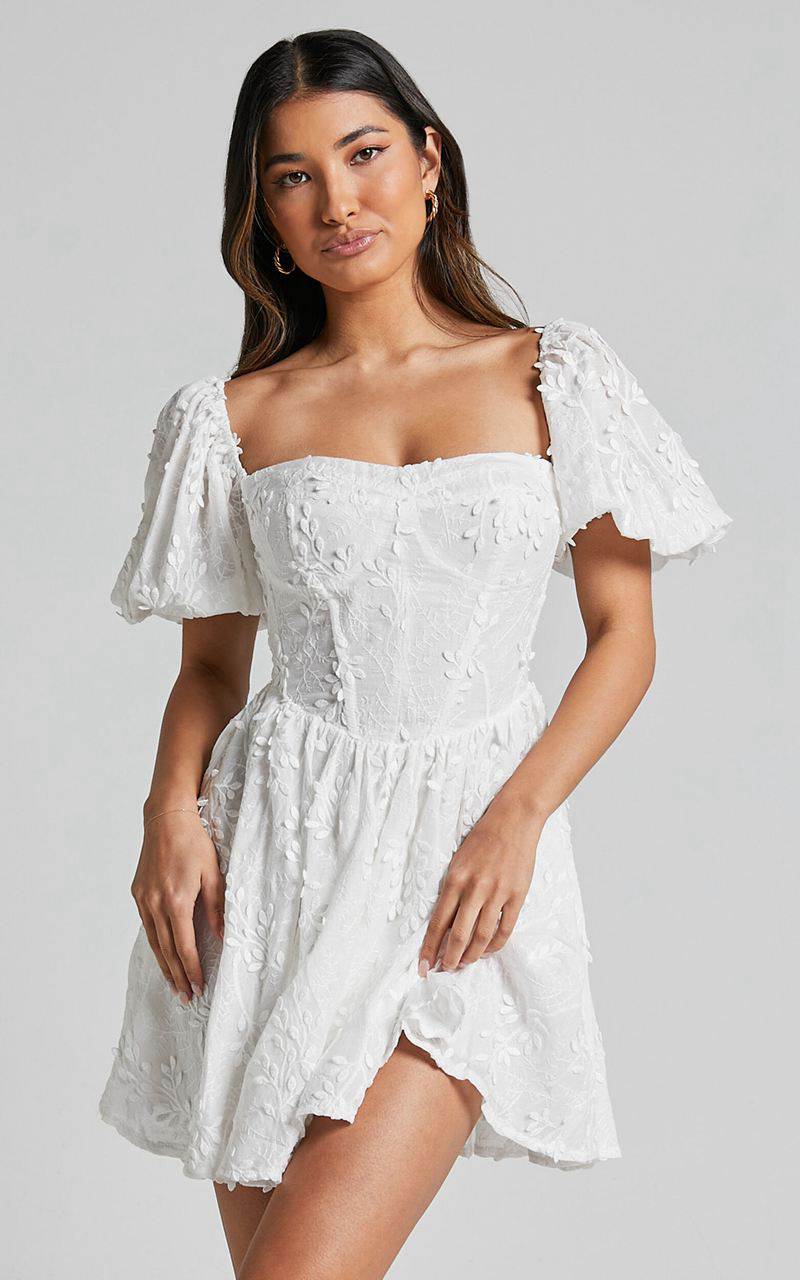 Showpo Esthela Mini Dress - Embroidered Square Neck Short Puff Sleeve Corset White Floral | KUAMFT065