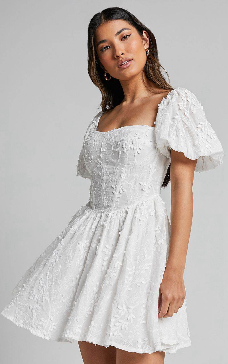 Showpo Esthela Mini Dress - Embroidered Square Neck Short Puff Sleeve Corset White Floral | KUAMFT065