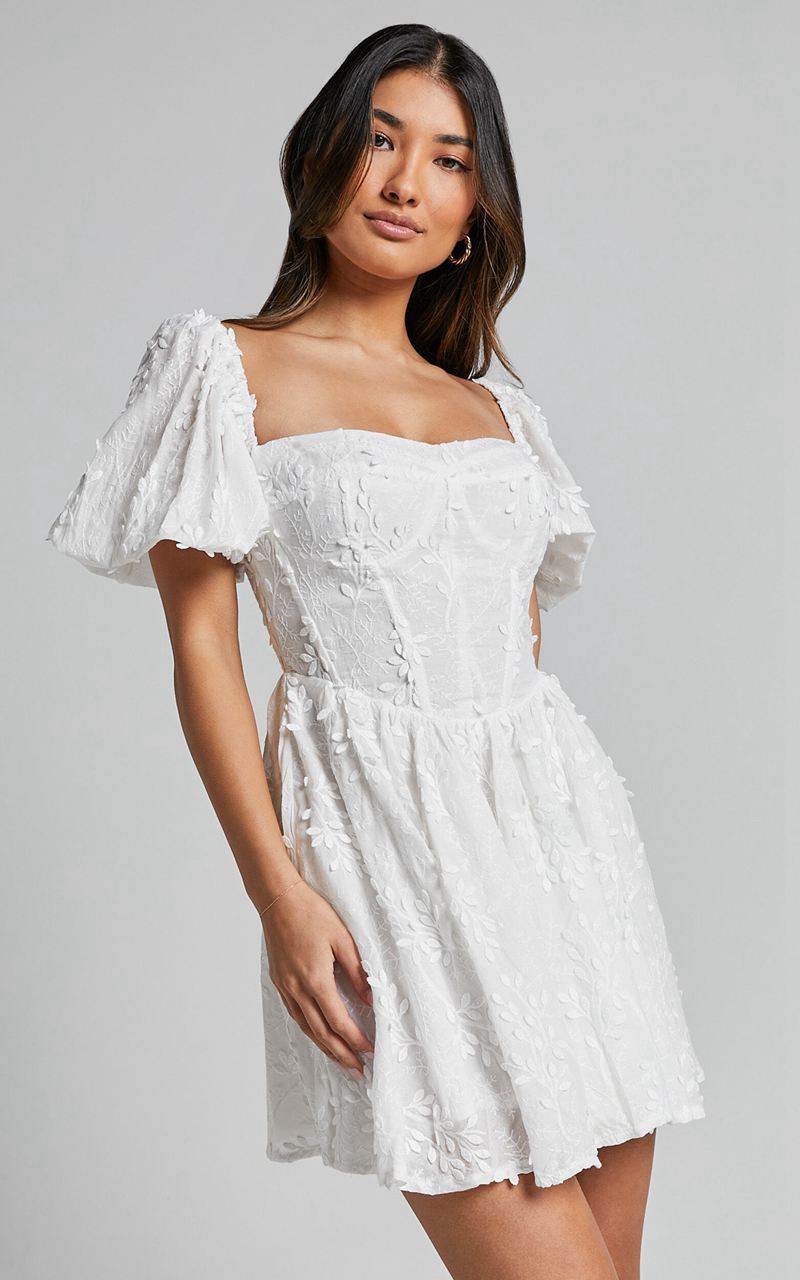 Showpo Esthela Mini Dress - Embroidered Square Neck Short Puff Sleeve Corset White Floral | KUAMFT065