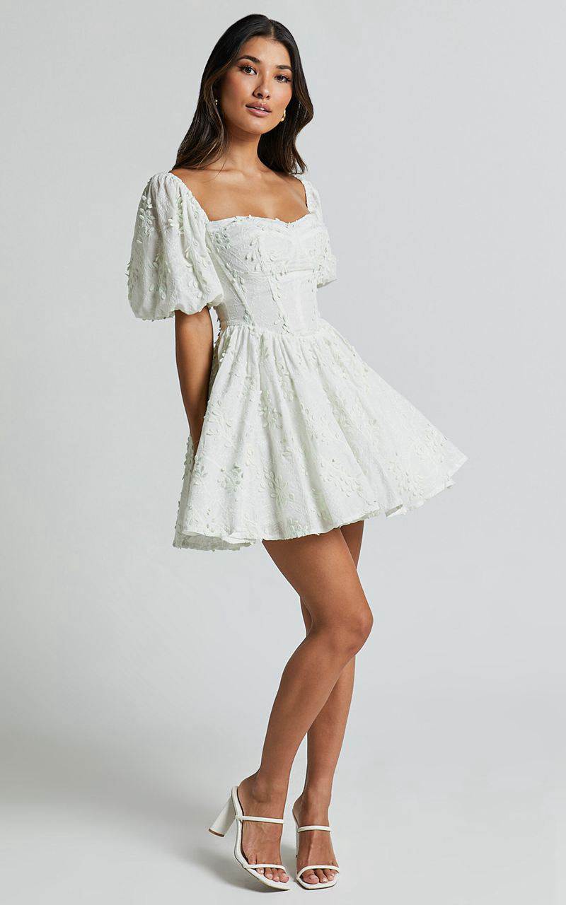 Showpo Esthela Mini Dress - Embroidered Square Neck Short Puff Sleeve Corset Pale Mint | ZIHRGD234