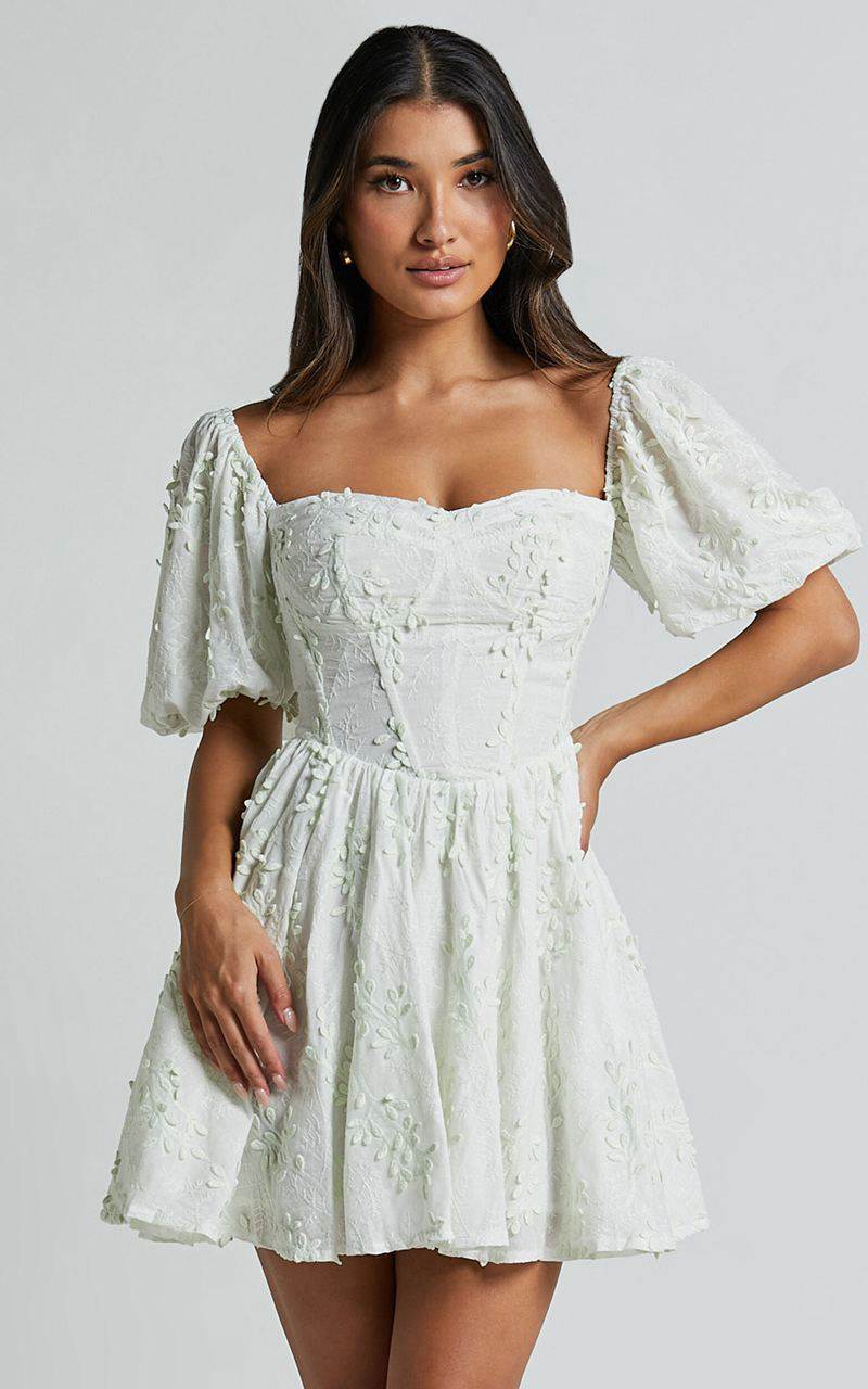 Showpo Esthela Mini Dress - Embroidered Square Neck Short Puff Sleeve Corset Pale Mint | ZIHRGD234