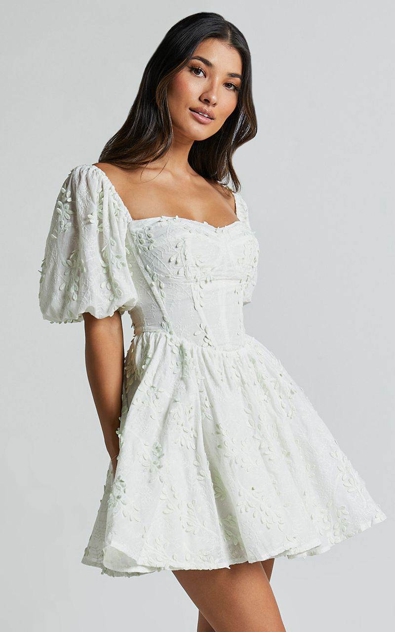 Showpo Esthela Mini Dress - Embroidered Square Neck Short Puff Sleeve Corset Pale Mint | ZIHRGD234