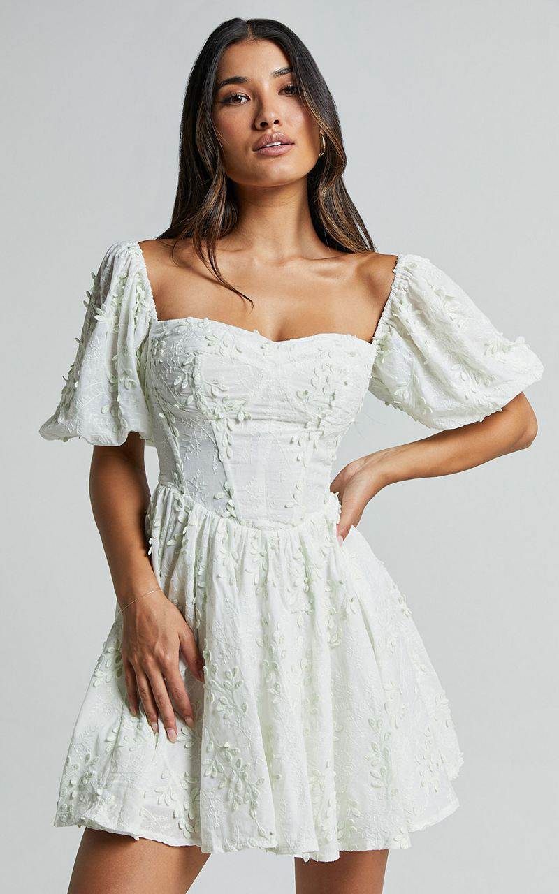 Showpo Esthela Mini Dress - Embroidered Square Neck Short Puff Sleeve Corset Pale Mint | ZIHRGD234