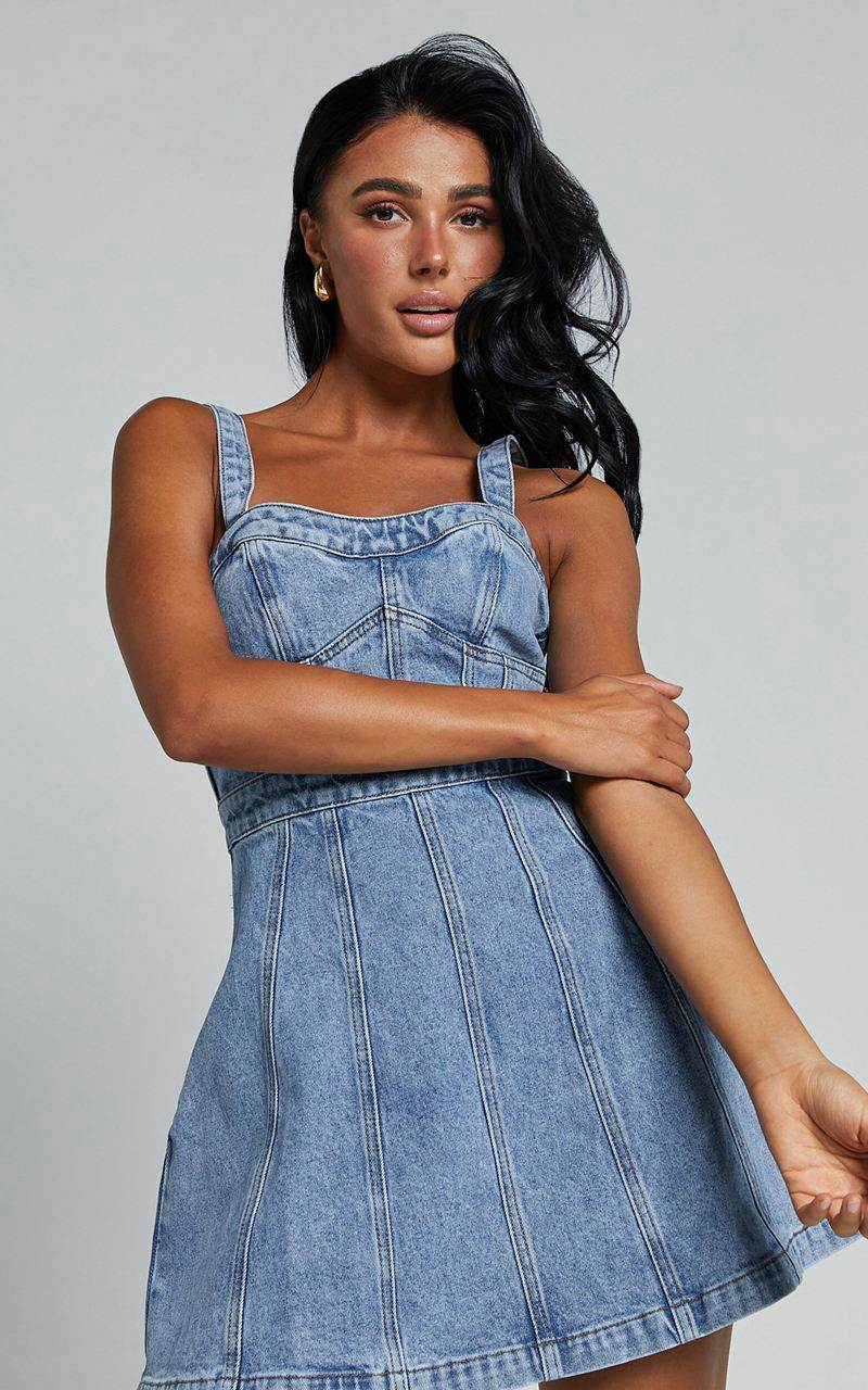 Showpo Estonia Mini Dress - Denim Dress Mid Blue Wash | MNGPTY239