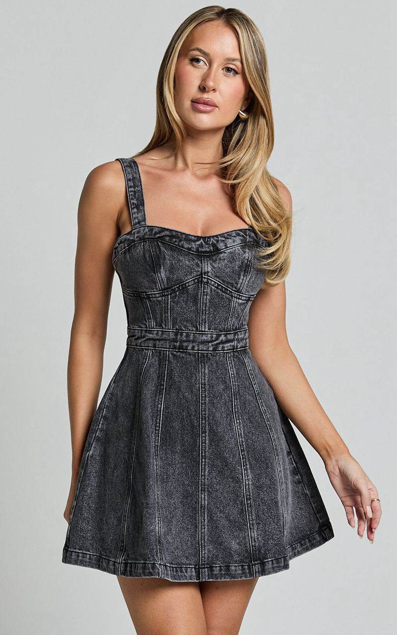 Showpo Estonia Mini Dress - Denim Dress Washed Black | RWCBPT436