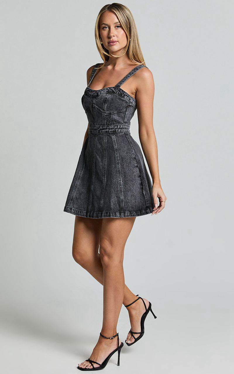 Showpo Estonia Mini Dress - Denim Dress Washed Black | RWCBPT436