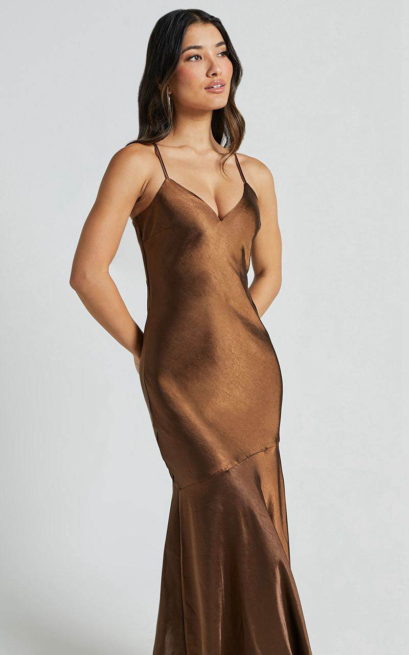 Showpo Etienne Midi Dress - Asymmetric Hem Satin Slip Dress Chocolate | BUAWTE189