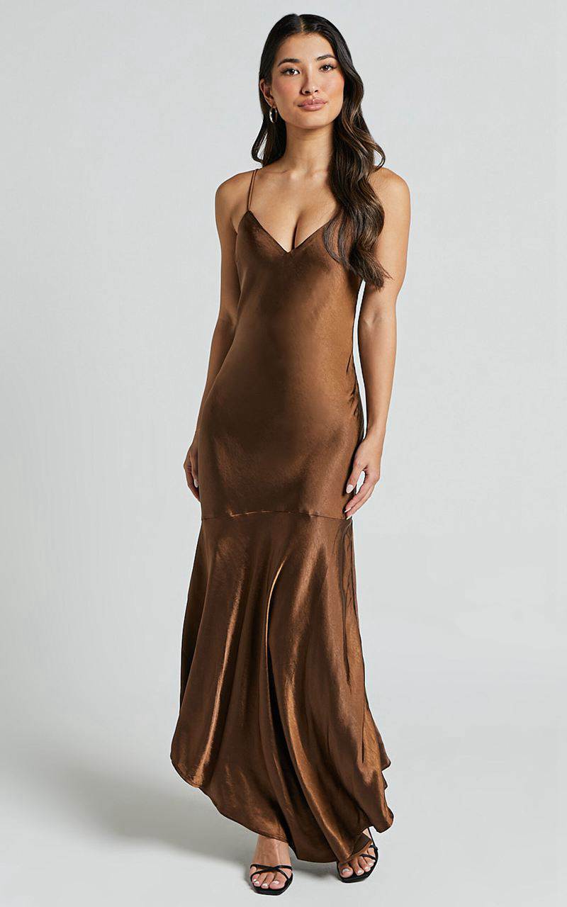 Showpo Etienne Midi Dress - Asymmetric Hem Satin Slip Dress Chocolate | BUAWTE189