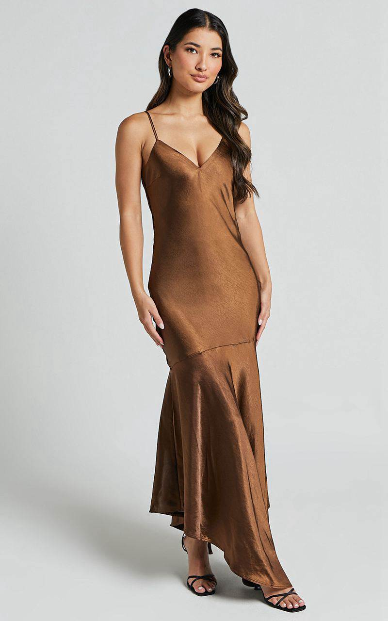 Showpo Etienne Midi Dress - Asymmetric Hem Satin Slip Dress Chocolate | BUAWTE189