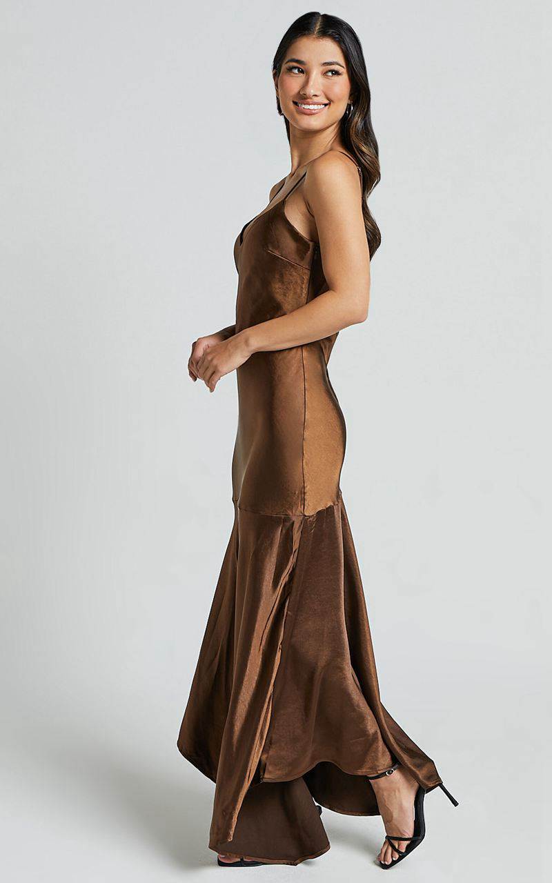 Showpo Etienne Midi Dress - Asymmetric Hem Satin Slip Dress Chocolate | BUAWTE189