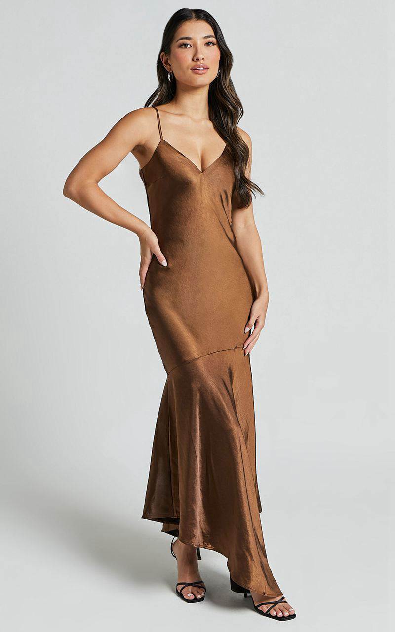 Showpo Etienne Midi Dress - Asymmetric Hem Satin Slip Dress Chocolate | BUAWTE189