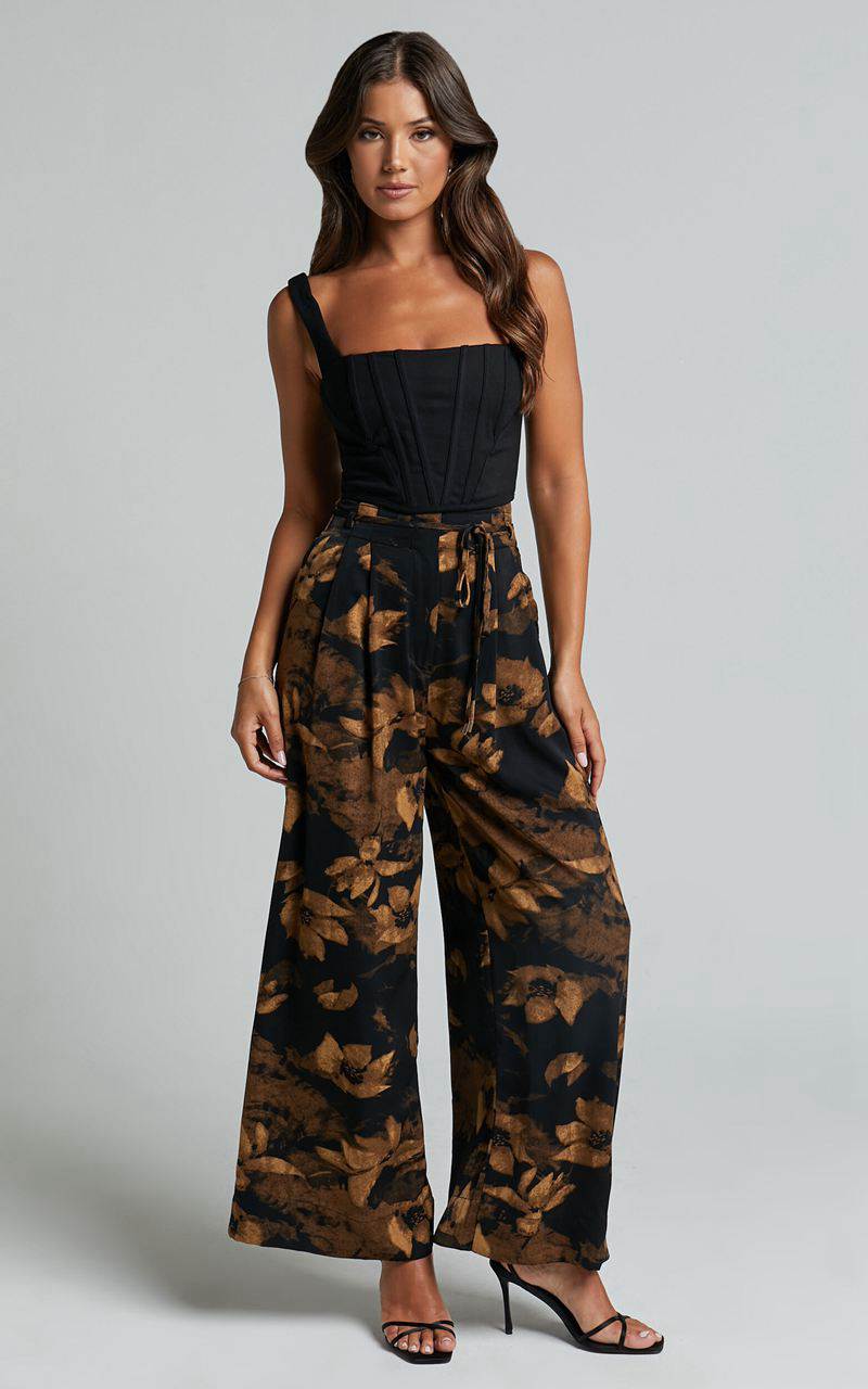 Showpo Etta Pants - High Waist Wide Leg Satin Pants Amber Floral Print | VZKCGI479