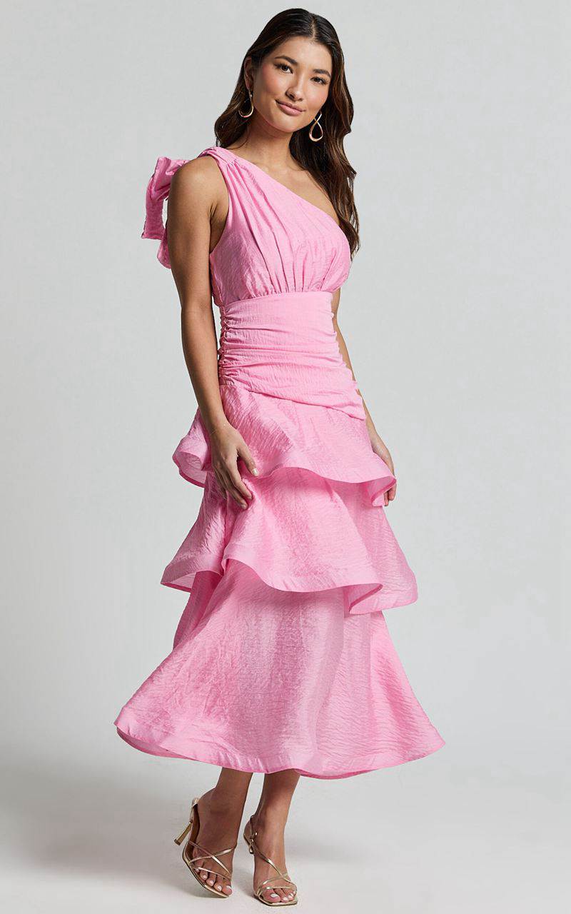 Showpo Eugenia Midi Dress - One Shoulder Fit And Flare Layered Dress Pink | AZYHLS370