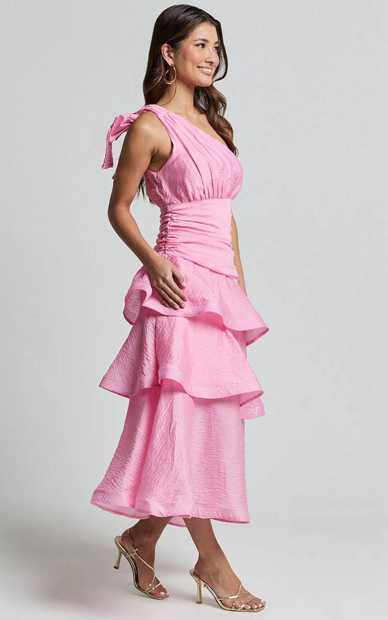 Showpo Eugenia Midi Dress - One Shoulder Fit And Flare Layered Dress Pink | AZYHLS370