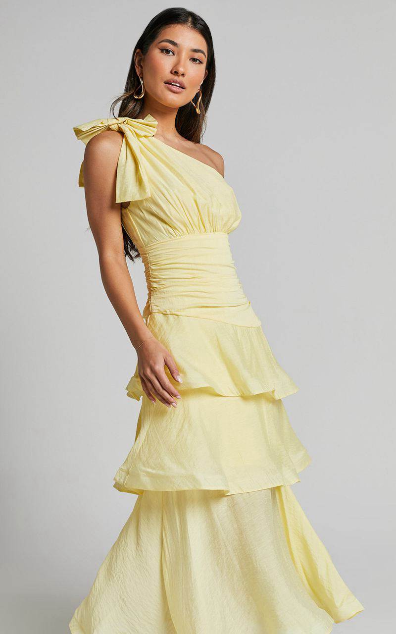 Showpo Eugenia Midi Dress - One Shoulder Fit And Flare Layered Dress Yellow | ZCIDXA890