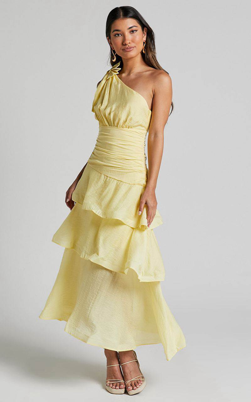 Showpo Eugenia Midi Dress - One Shoulder Fit And Flare Layered Dress Yellow | ZCIDXA890