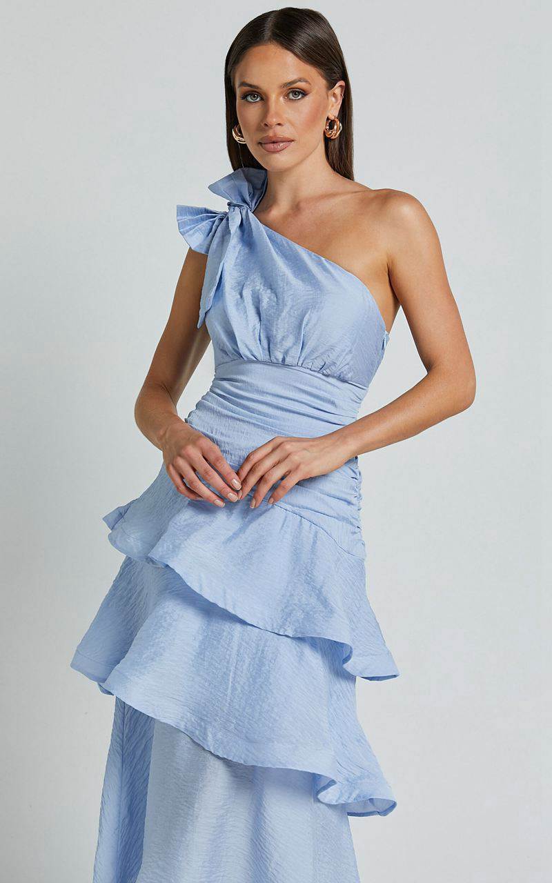 Showpo Eugenia Midi Dress - One Shoulder Fit And Flare Layered Dress Pale Blue | NHFPQS570