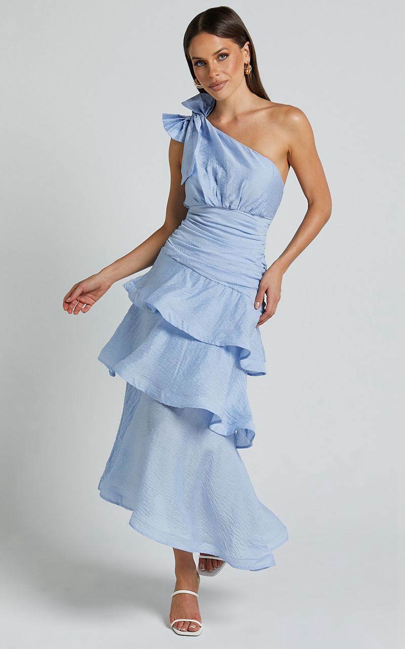 Showpo Eugenia Midi Dress - One Shoulder Fit And Flare Layered Dress Pale Blue | NHFPQS570