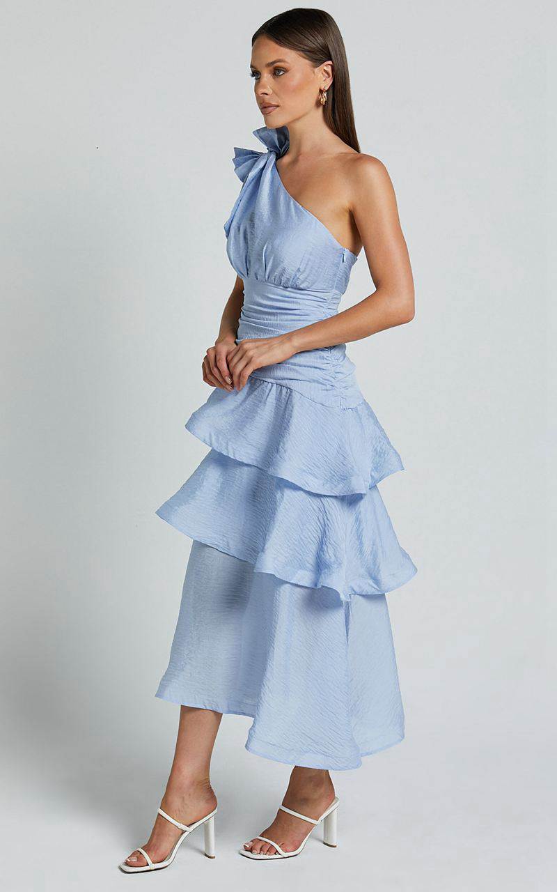 Showpo Eugenia Midi Dress - One Shoulder Fit And Flare Layered Dress Pale Blue | NHFPQS570