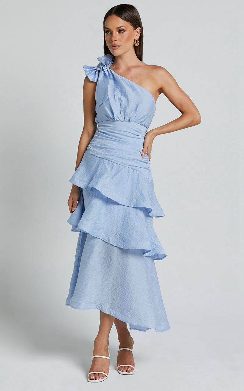 Showpo Eugenia Midi Dress - One Shoulder Fit And Flare Layered Dress Pale Blue | NHFPQS570